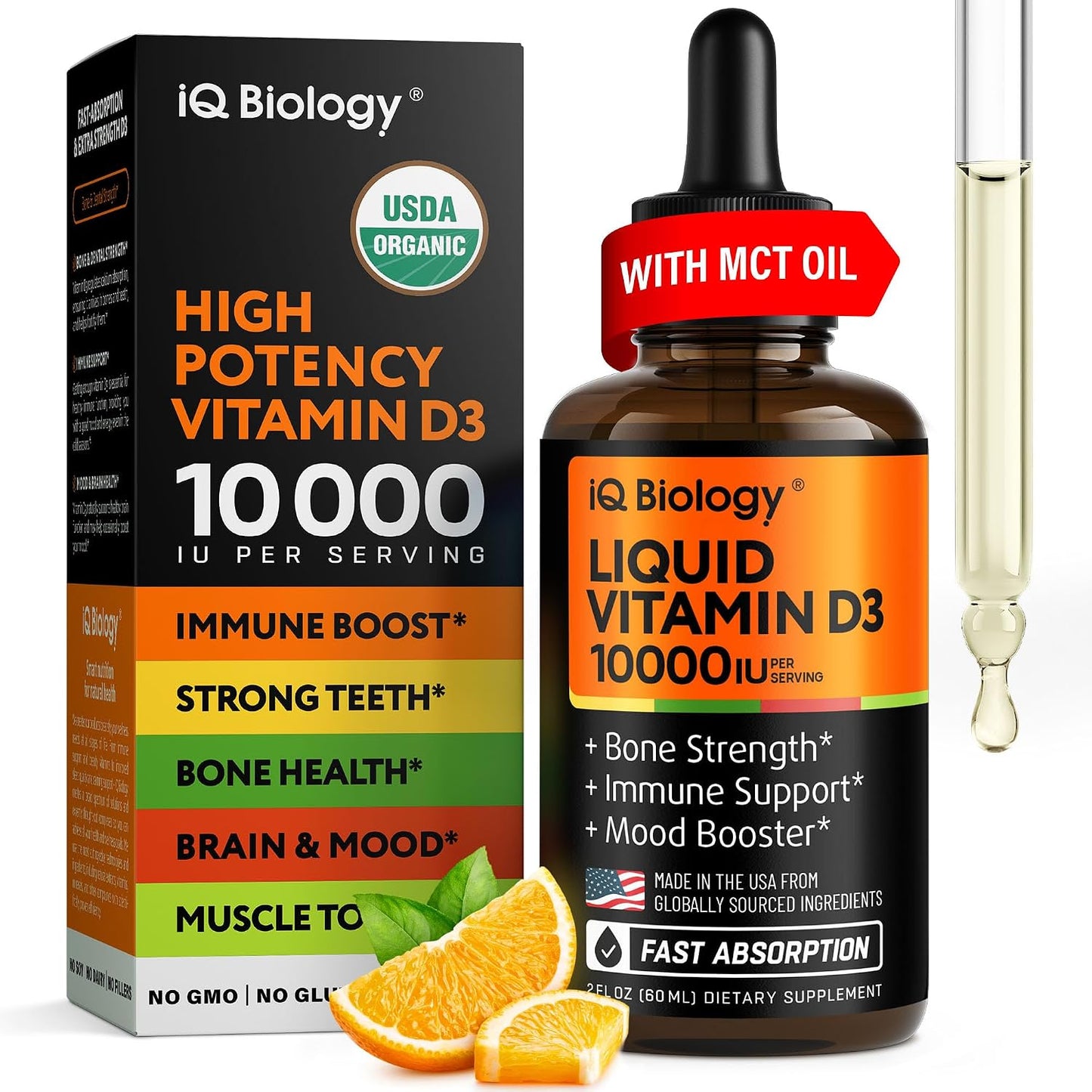 Liquid Vitamin D3 10000 IU - USDA Organic Vitamin D Drops for Adults & Kids | Vit D3 with MCT Oil for Better Absorption - Bone & Immunity Support, Dental Health* - 2 Fl Oz (Pack of 1)