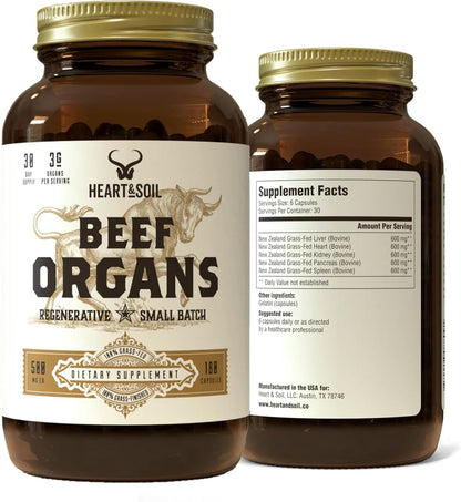 HEART & SOIL Beef Organs Supplement, 180 Capsules | 100% grass fed & finished from regenerative cattle with liver, heart, kidney, pancreas & spleen. 3000mg formula.