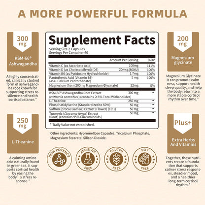 Lukaree Cortisol Supplements for Women and Men, with KSM-66® Ashwagandha | 10-IN-1 Cortisol Reducer with L-Theanine, Magnesium, Saffron & Phosphatidylserine, GMP Quality, 120 Capsules, 60-Day Supply