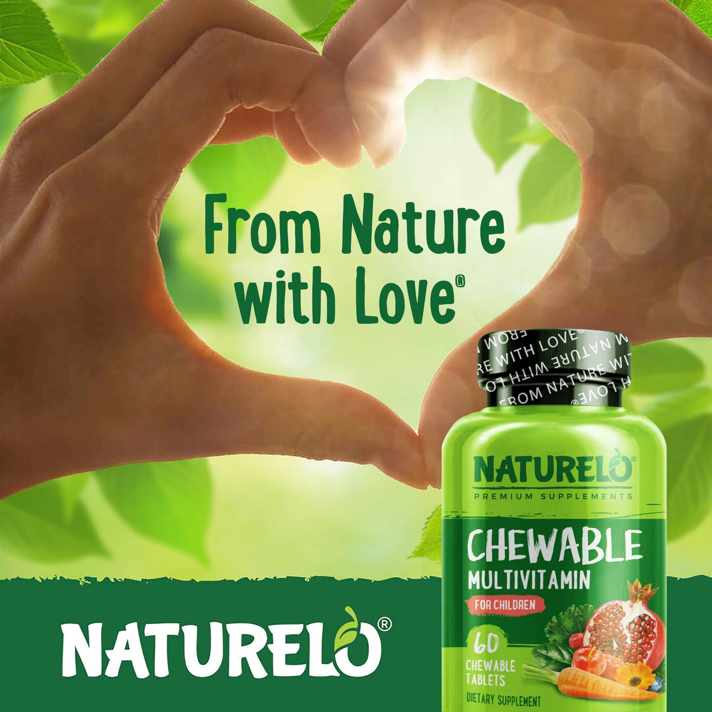 NATURELO Chewable Vitamin for Kids Multivitamin with Whole Food Organic Fruit Blend - 60 Tablets for Children