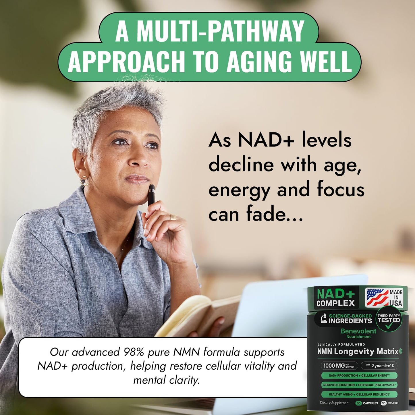 Benevolent NAD+ Supplement 1050mg, Max Absorption 3in1 NAD Supplements for Women & Men with Nicotinamide Riboside, Trans-Resveratrol & TMG, NAD Plus for Cellular Energy, Brain Support & Aging, 90 Caps