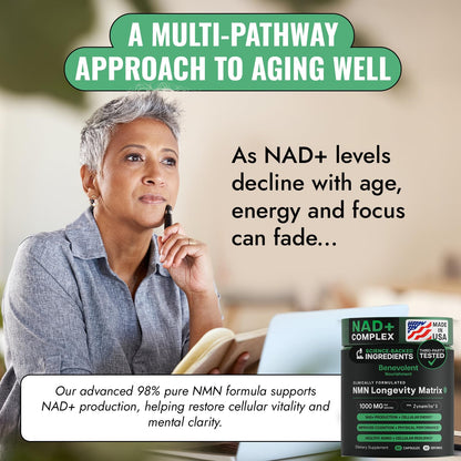 Benevolent NAD+ Supplement 1050mg, Max Absorption 3in1 NAD Supplements for Women & Men with Nicotinamide Riboside, Trans-Resveratrol & TMG, NAD Plus for Cellular Energy, Brain Support & Aging, 90 Caps