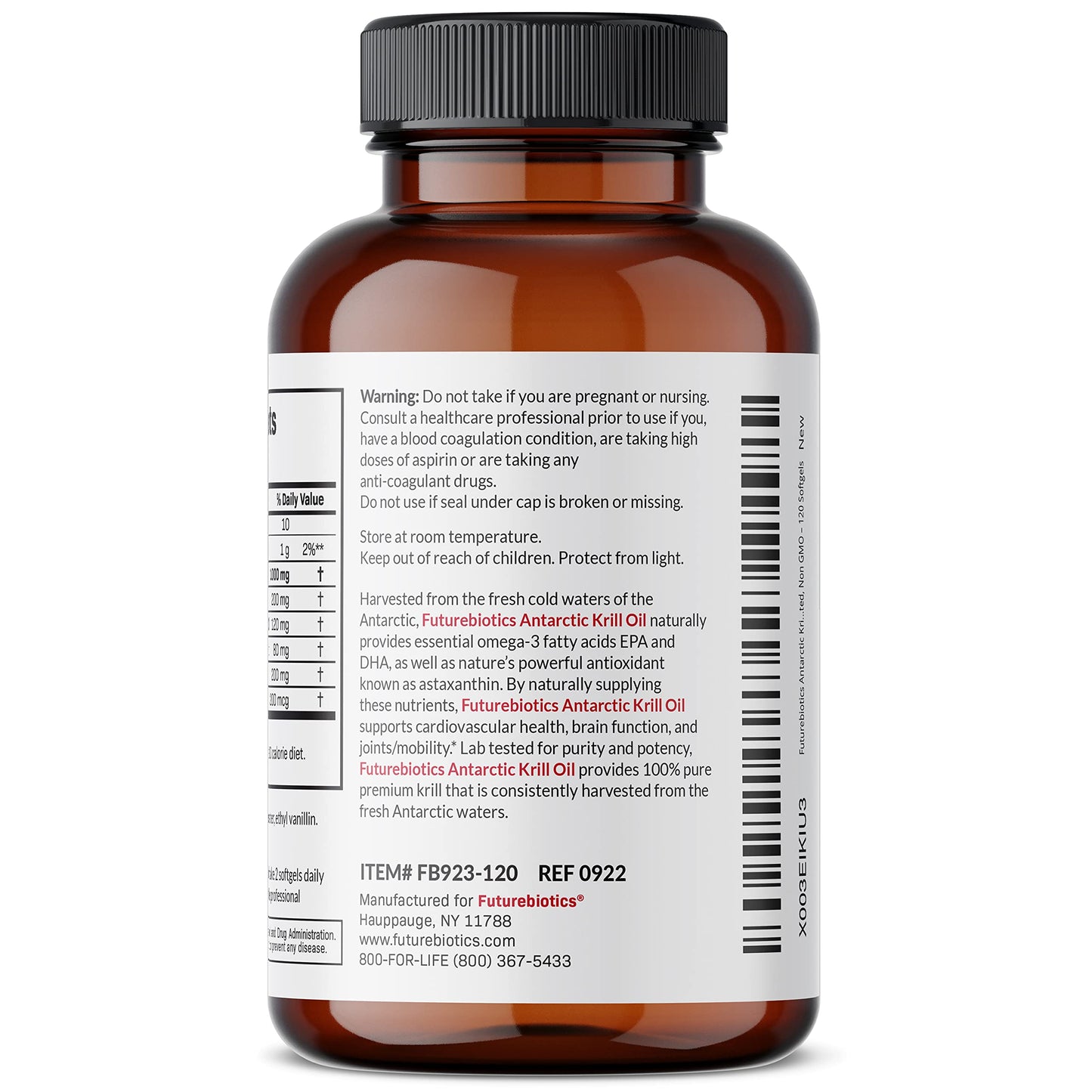 Futurebiotics Antarctic Krill Oil 1000mg with Omega-3s EPA, DHA, Astaxanthin and Phospholipids - Premium Krill Oil Heavy Metal Tested, Non GMO – 90 Softgels (45 Servings)