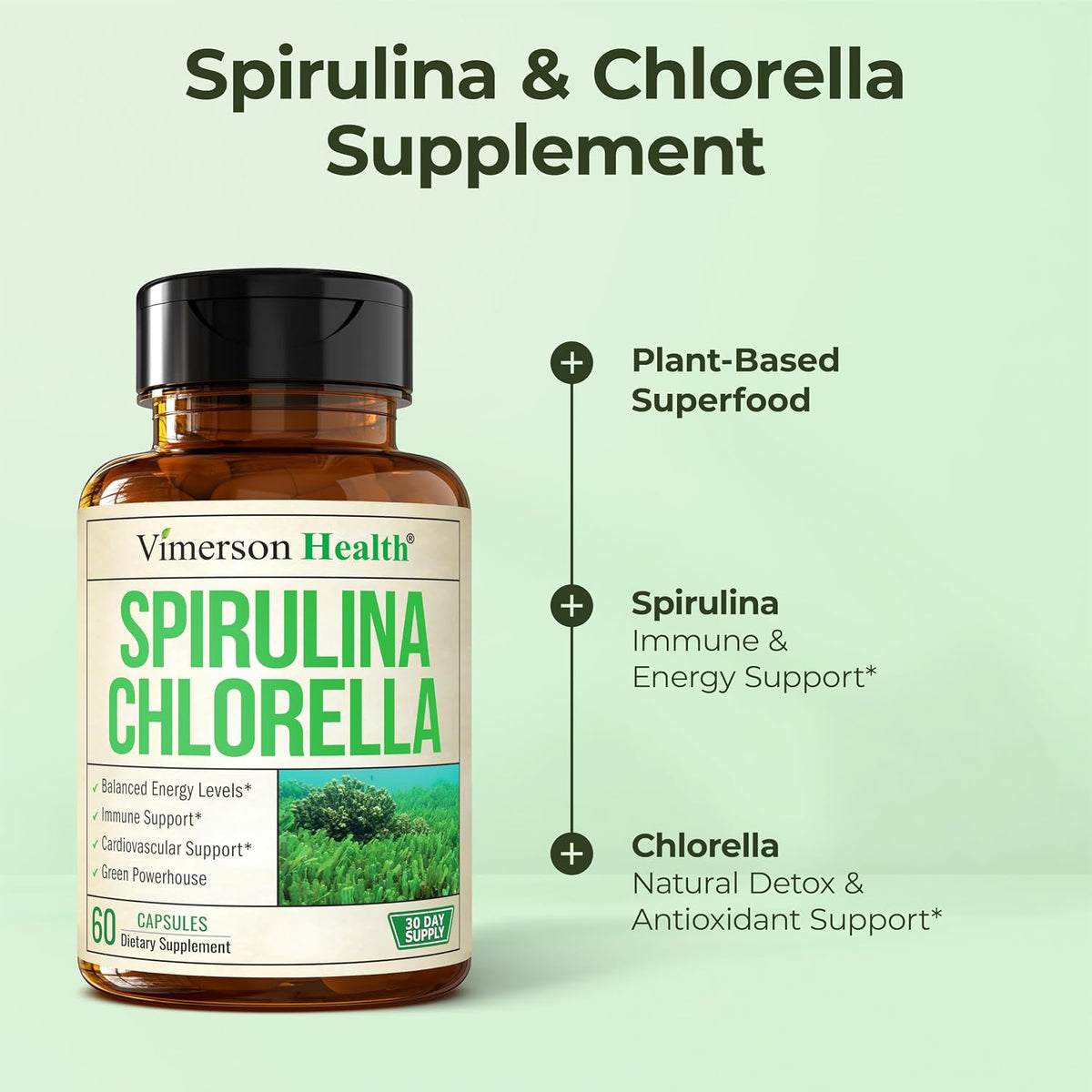 Organic Spirulina and Chlorella Capsules for Immune & Energy Support – 60ct