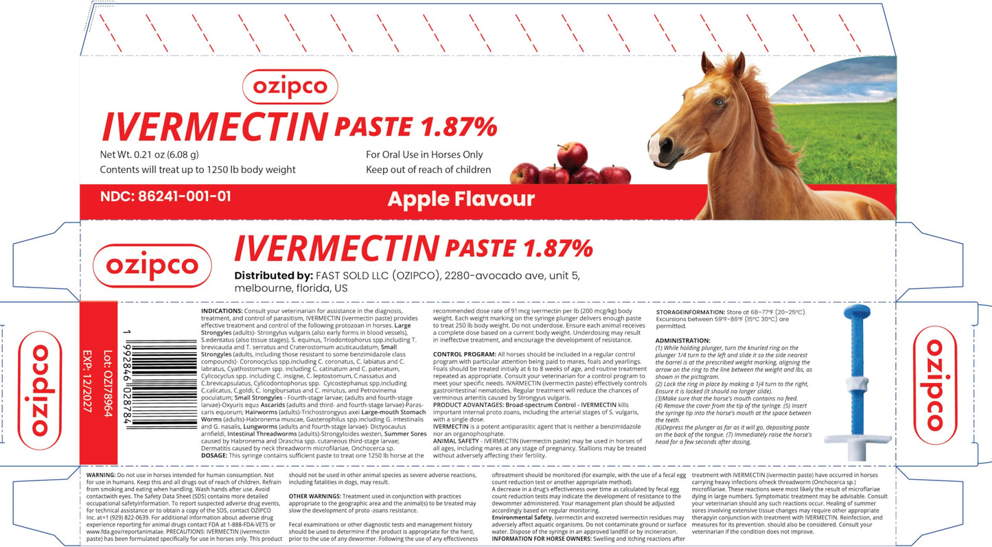 Ivermectin Horse Paste 1.87% | Apple Flavor – 6.08g Syringe for Equine Use Only Up to 1250 LB