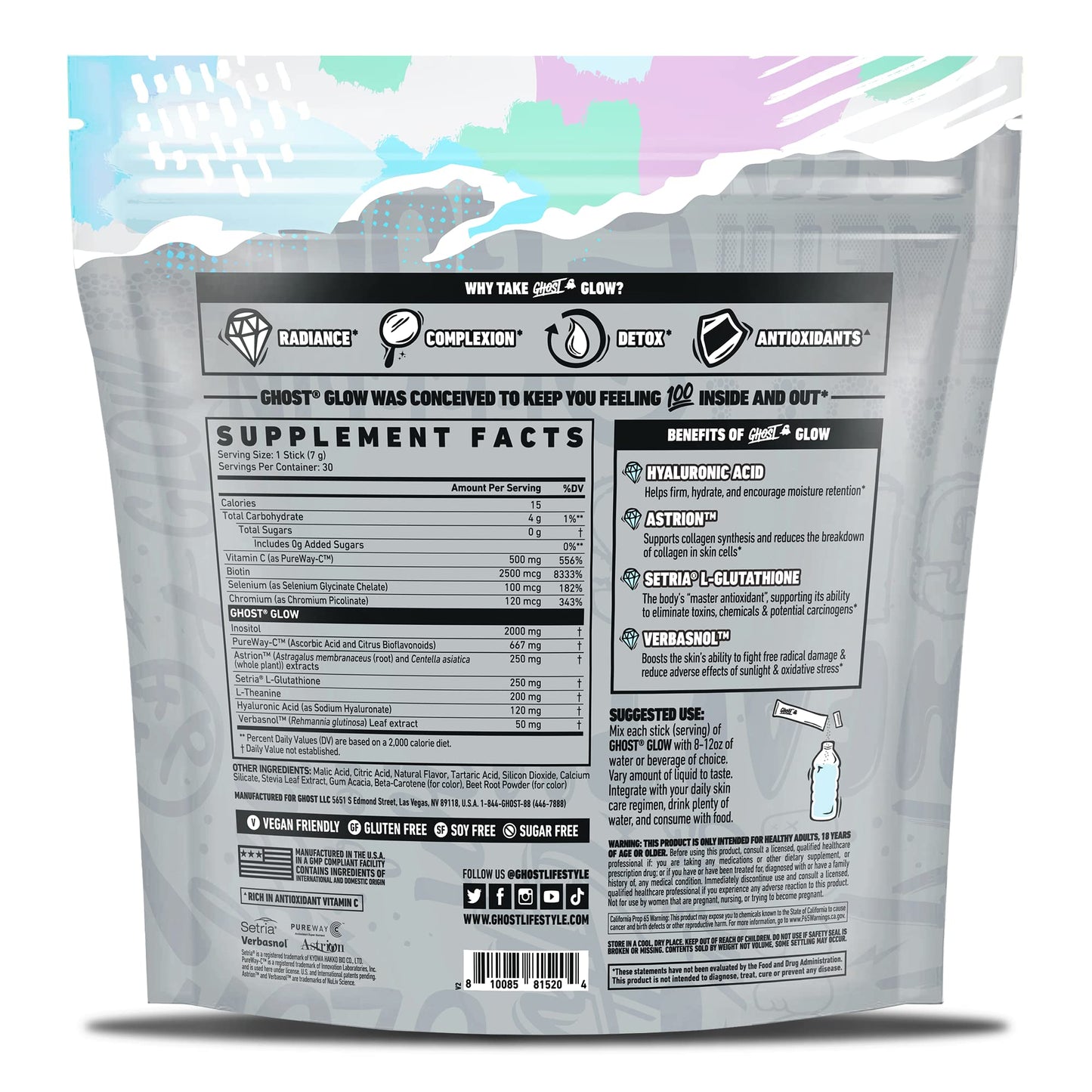 GHOST Glow Sticks: Beauty and Detox Supplement - 30 On-The-Go Stick Packs, Mango Margarita - Hyaluronic Acid, Biotin & L-Theanine for Skin-Boosting Support - Sugar Free, Gluten Free