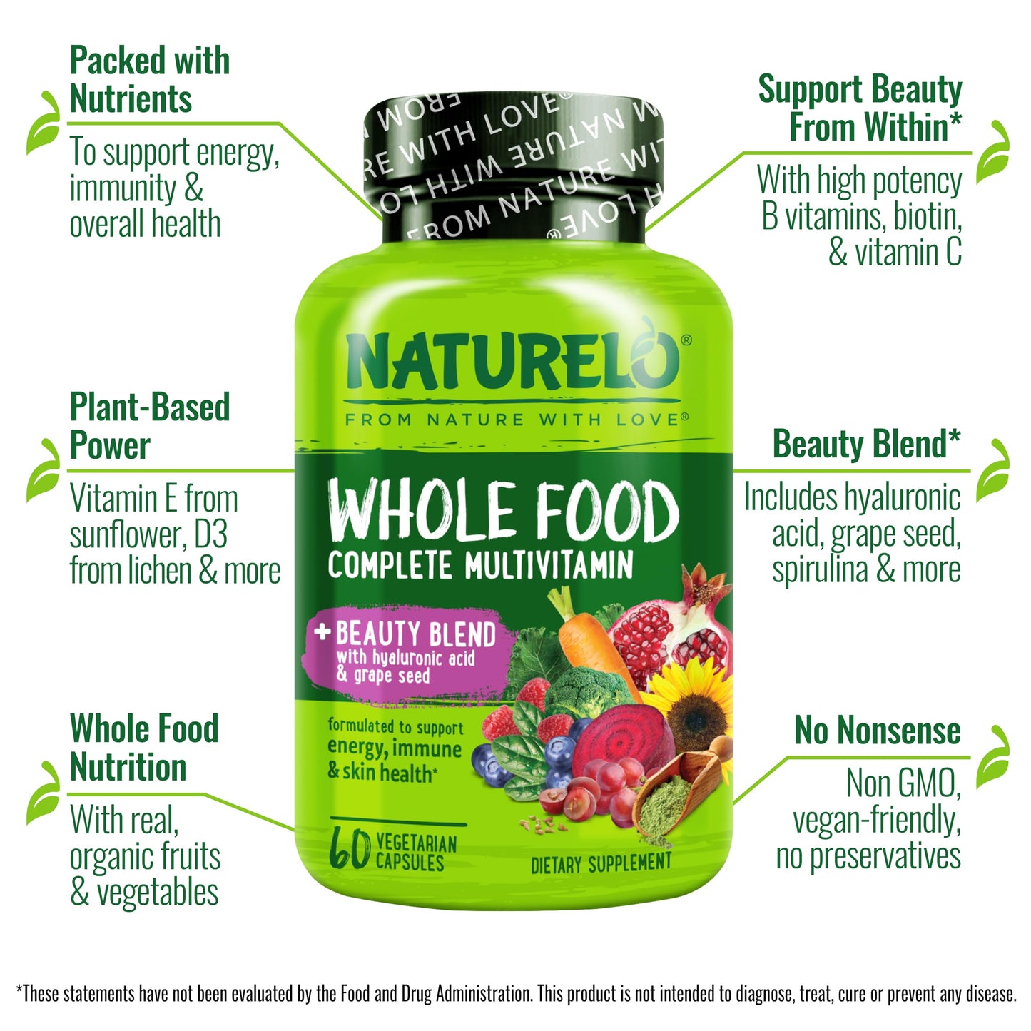 NATURELO Whole Food Multivitamin with Extra Hair, Skin and Nails Support - Beauty Blend with Hyaluronic Acid & Grape Seed - High Potency Biotin, Vitamin C, and Glutathione - 60 Vegan Capsules