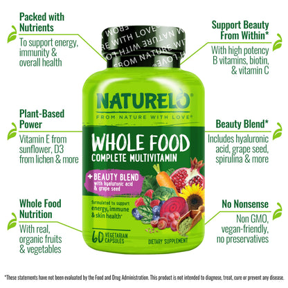 NATURELO Whole Food Multivitamin with Extra Hair, Skin and Nails Support - Beauty Blend with Hyaluronic Acid & Grape Seed - High Potency Biotin, Vitamin C, and Glutathione - 60 Vegan Capsules