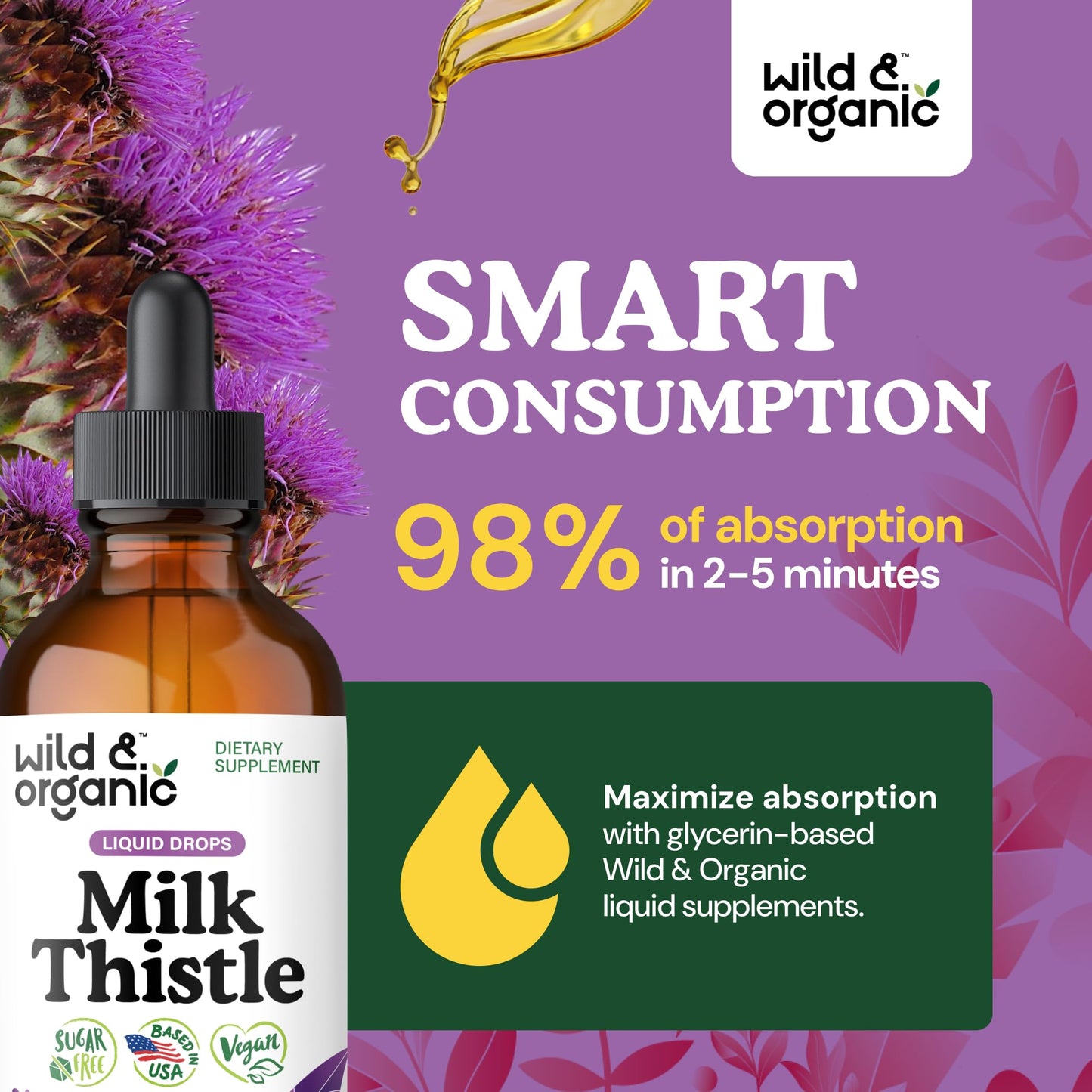 Wild & Organic Milk Thistle Liquid Drops - Liver Cleanse Detox - Silymarin Milk Thistle Supplement for Liver Support - Add to Tea - Silybum Marianum Seed Extract Tincture - Sugar & Alcohol-Free - 4 oz