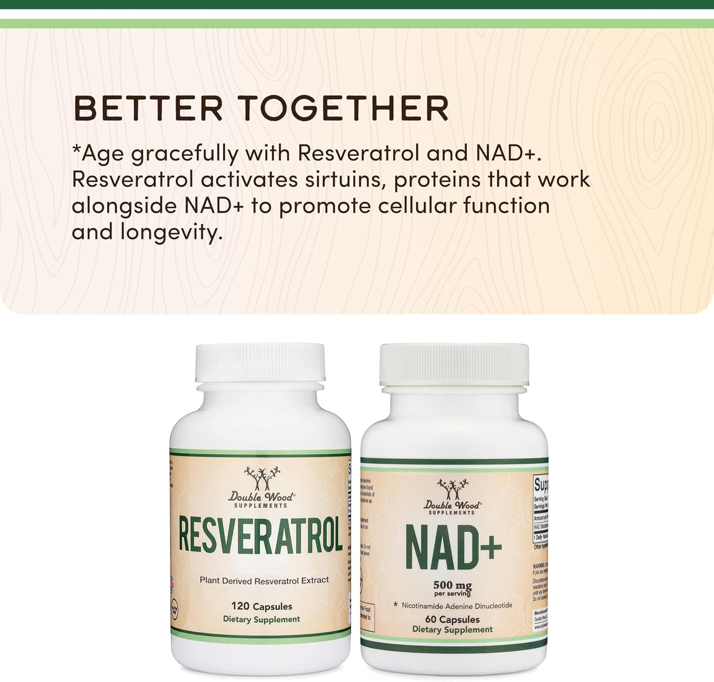 Double Wood Supplements NAD+ Anti Aging & Cell Regeneration | 500mg of 95% Pure NAD Plus Per Serving, 30 Day Supply | Similar to Nicotinamide Riboside | Third Party Tested, Vegan Safe, Non-GMO