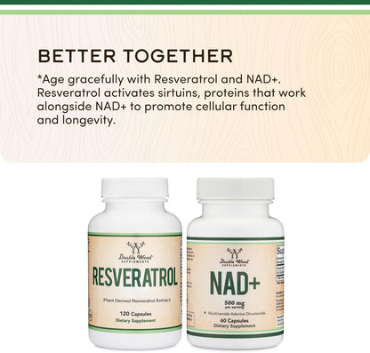 Double Wood Supplements NAD+ Anti Aging & Cell Regeneration | 500mg of 95% Pure NAD Plus Per Serving, 30 Day Supply | Similar to Nicotinamide Riboside | Third Party Tested, Vegan Safe, Non-GMO