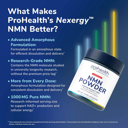 ProHealth Longevity Essentials NMN Powder (100 Grams) - Featuring Nexergy™ NMN Powder Supplement, NAD+ Precursor, Dietary Supplement, Cellular Health, Metabolism Support