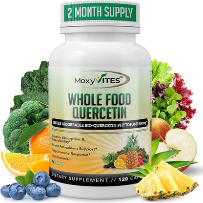 MoxyVites Quercetin with Bromelain 500mg Supplement - Bioactive Phytosome Complex, Pure Organic Whole Food Seasonal Support, Antioxidant, 20X Absorption & Bioavailability-120 Caps