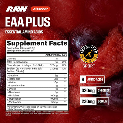 RAW EAA Plus, Amino Acids Powder, Watermelon Grape (30 Servings) - Pre Workout Amino Energy Powder for Advanced Endurance, Recovery & Lean Muscle Growth - BCAA Amino Acids Supplement for Men & Women