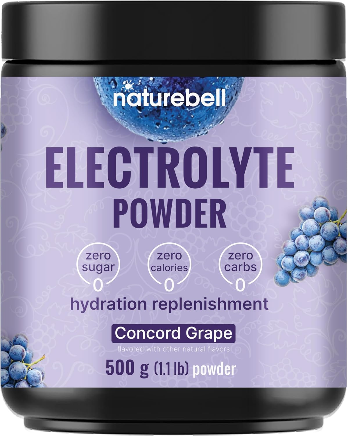 NatureBell Electrolytes Powder No Sugar, 500g (76 Servings) | Keto Fast Hydration Powder, Carnivore-Friendly Electrolyte – 1,000mg High Potassium, Minerals, & Coconut Water – Concord Grape Flavor