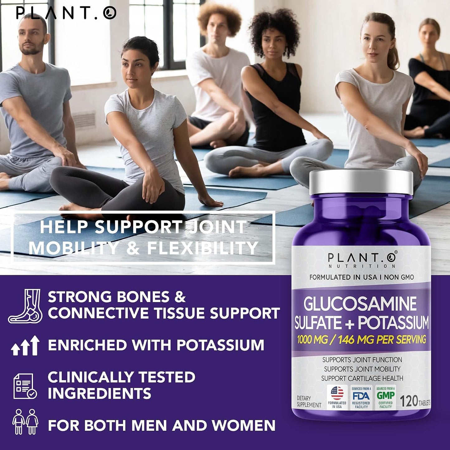 PLANT.O NUTRITION Glucosamine Sulfate with Potassium | Strong Joint Support Supplement | Supports Cartilage and Connective Tissues | Aids Knee and Bone Structure | 120 Tablets
