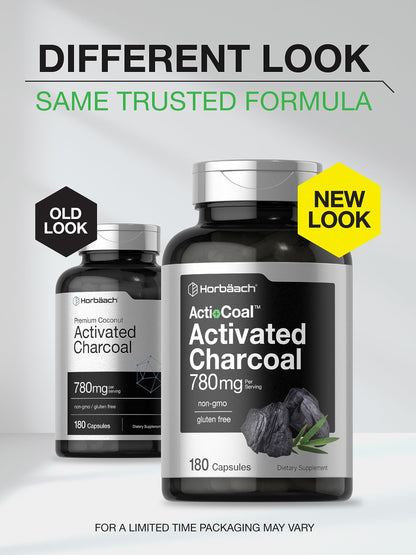 Horbaach Charcoal Pills 780mg | 180 Capsules | Activated Charcoal from Coconut Shells