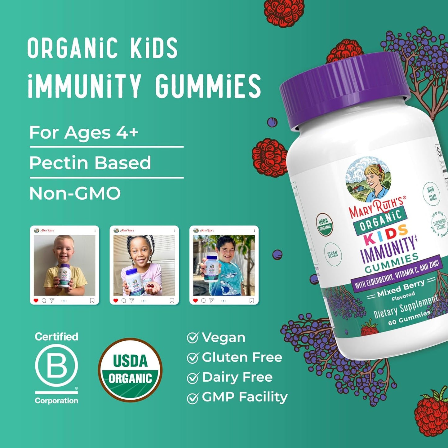 MARYRUTH'S Organics Kids Immune Support Gummies | USDA Organic | Vitamin C, Zinc, and Elderberry Gummies for Kids| Immune Support for Ages 4+ | Vegan | Non-GMO | Gluten Free | 60 Count
