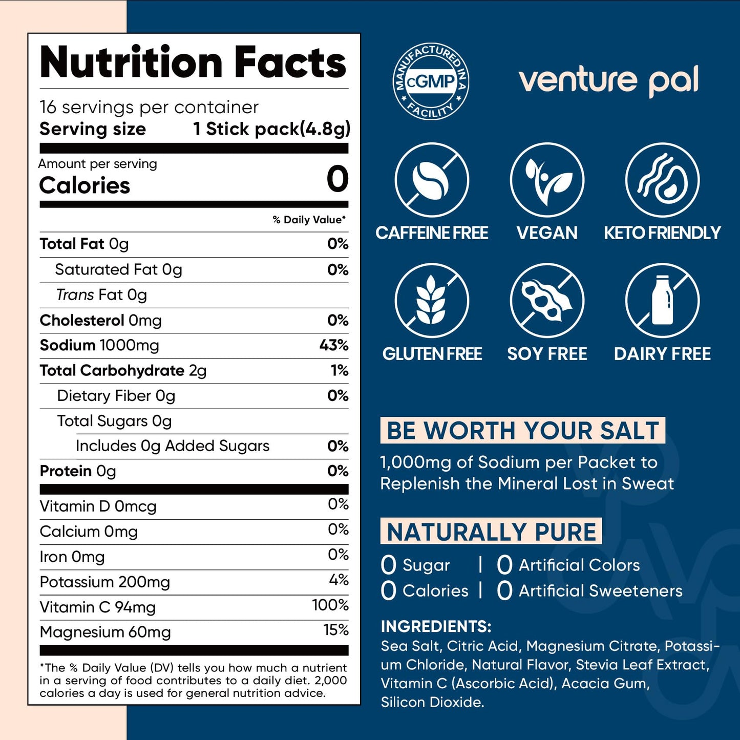 Venture Pal High Sodium Sugar Free Electrolytes Powder Packet, 16 Sticks | Hydration Packets with Vitamin, Sodium & Potassium, Zero Calories, Vegan, Keto & Paleo Friendly Electrolyte Drink Mix