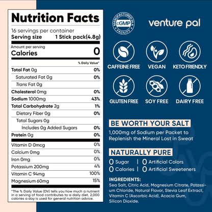 Venture Pal High Sodium Sugar Free Electrolytes Powder Packet, 16 Sticks | Hydration Packets with Vitamin, Sodium & Potassium, Zero Calories, Vegan, Keto & Paleo Friendly Electrolyte Drink Mix
