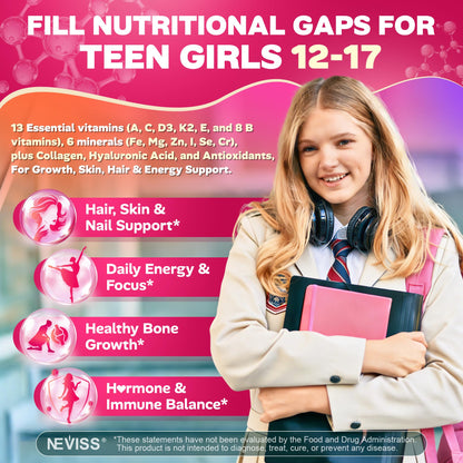 Methylated Multivitamin Gummies for Teen Girls 12-17, Methylfolate, Iron, Collagen, D3 K2, Magnesium, Zinc, Daily Vitamins A C E, B Complex for Teenager Growth, Skin, Bone, Energy - Sugar Free, 60 Cts