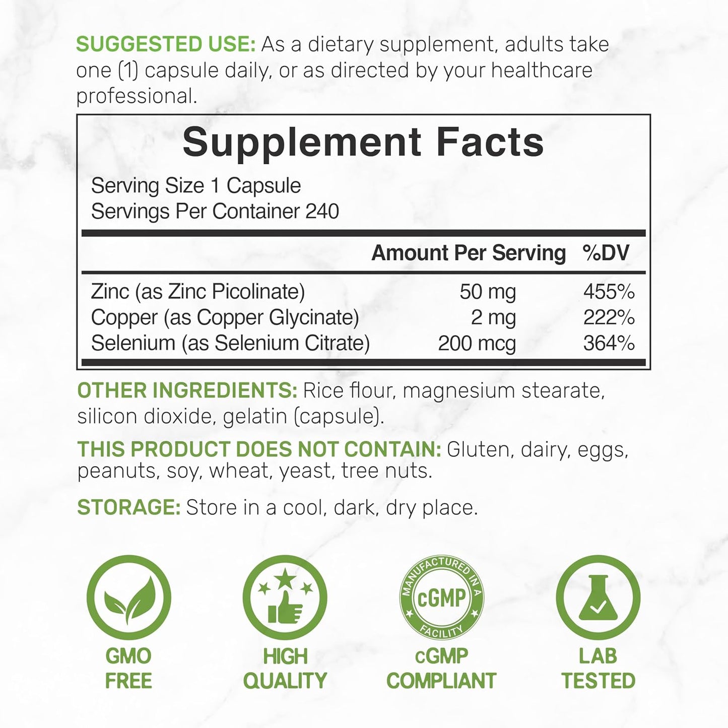 Zinc Picolinate 50mg with Copper & Selenium, 240 Capsules | 3-in-1 High Absorption Mineral Complex | Chelated Zinc Supplement for Immune Support* | 8 Month Supply