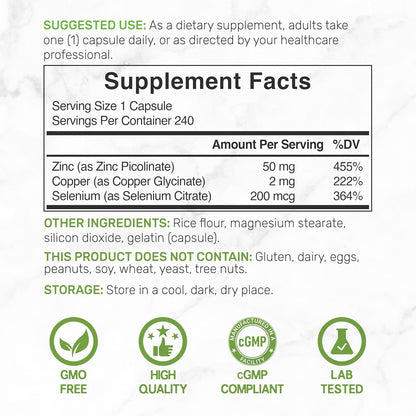 Zinc Picolinate 50mg with Copper & Selenium, 240 Capsules | 3-in-1 High Absorption Mineral Complex | Chelated Zinc Supplement for Immune Support* | 8 Month Supply