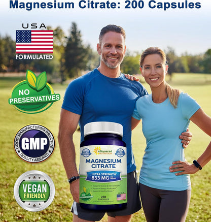 aSquared Nutrition Magnesium Citrate 833mg Supplement - 200 Capsules - Max Strength Vegan Mag Citrate Powder Pills to Support Pure Function of Muscles, Heart & Bones - Helps Increase Energy