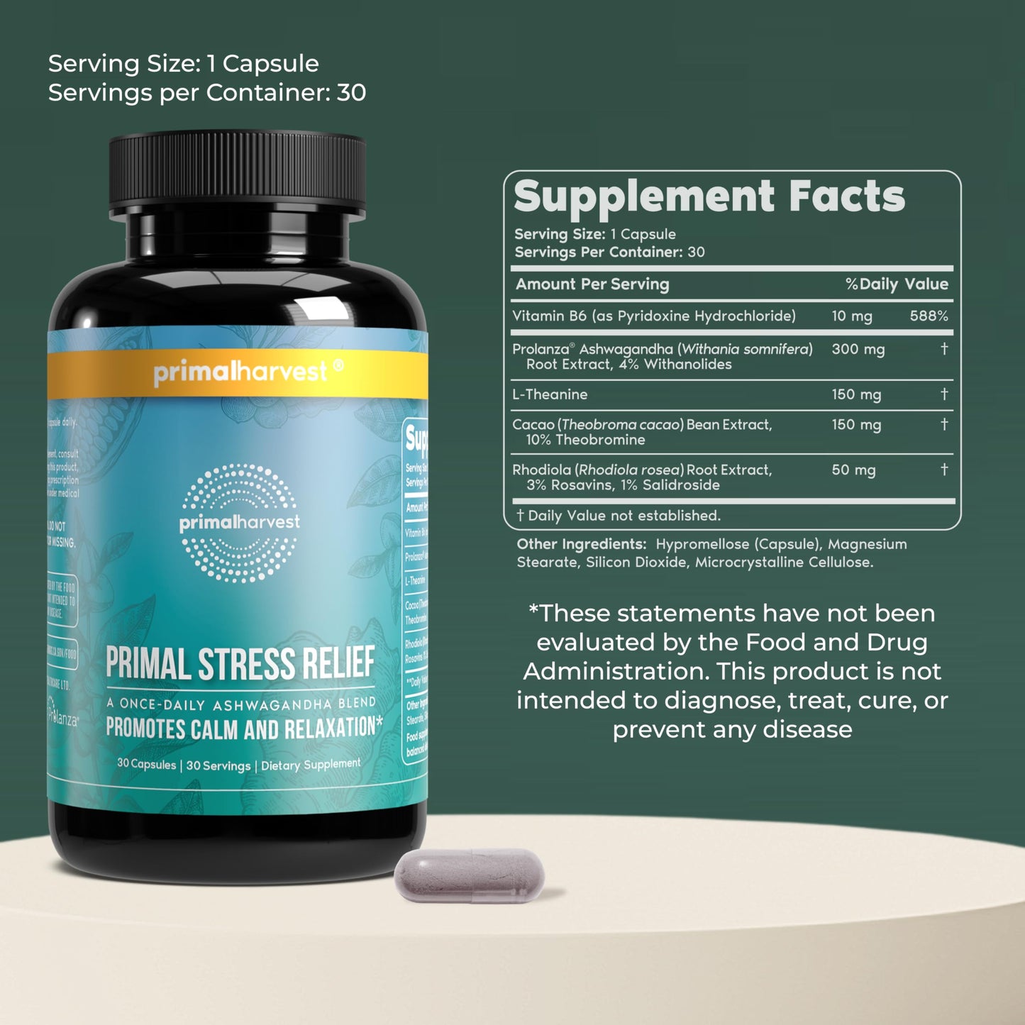 Primal Harvest Stress Relief – Daily Supplement, Gluten, Soy & Dairy Free