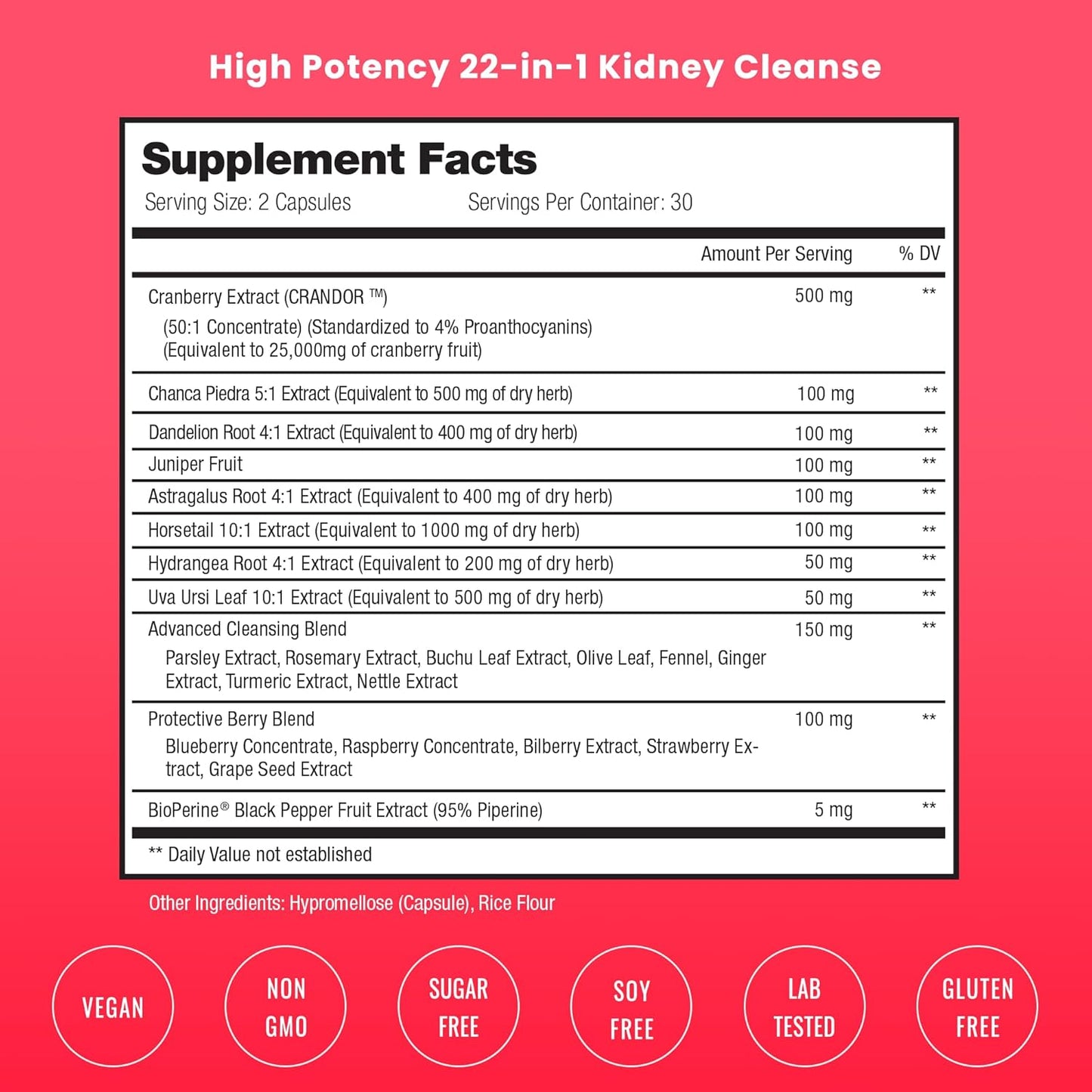 Kidney Cleanse Detox | 22-in-1 Kidney Support Supplement | Cranberry Pills Extract | Extra Strength Repair & Flush Premium Formula | Urinary Tract Health for Women & Men | 60 Vegan Capsules