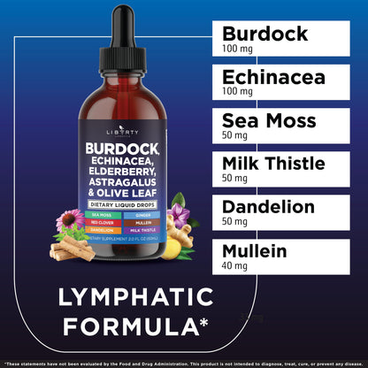 Liberty Lifestyle Lymphatic Drainage Supplement - Burdock Lymphatic Support Drops - Burdock Root, Mullein, Echinacea, Elderberry, Dandelion, Astragalus, Milk Thistle, Red Clover - 2 oz
