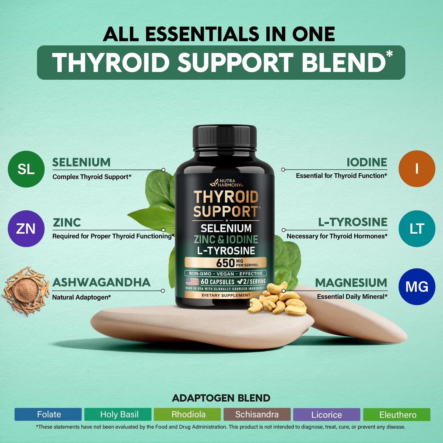 Thyroid Support for Women - Selenium 200 mcg | Astragalus | Zinc & Iodine | L-Tyrosine | Adaptogen Herbs - 21-in-1 Antioxidant & Immune Support - Vegan, Non-GMO - Lab Tested - 60 Capsules
