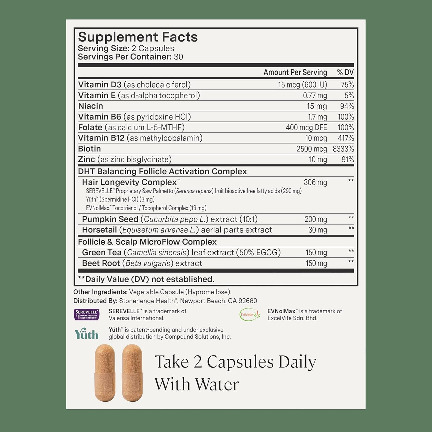 Stonehenge Health Dynamic Hair Energy for Men – Hair Growth Supplement with Saw Palmetto, Spermidine, Biotin & Tocotrienols – Supports Thicker, Denser, Fuller-Looking Hair – 60 Vegetarian Capsules