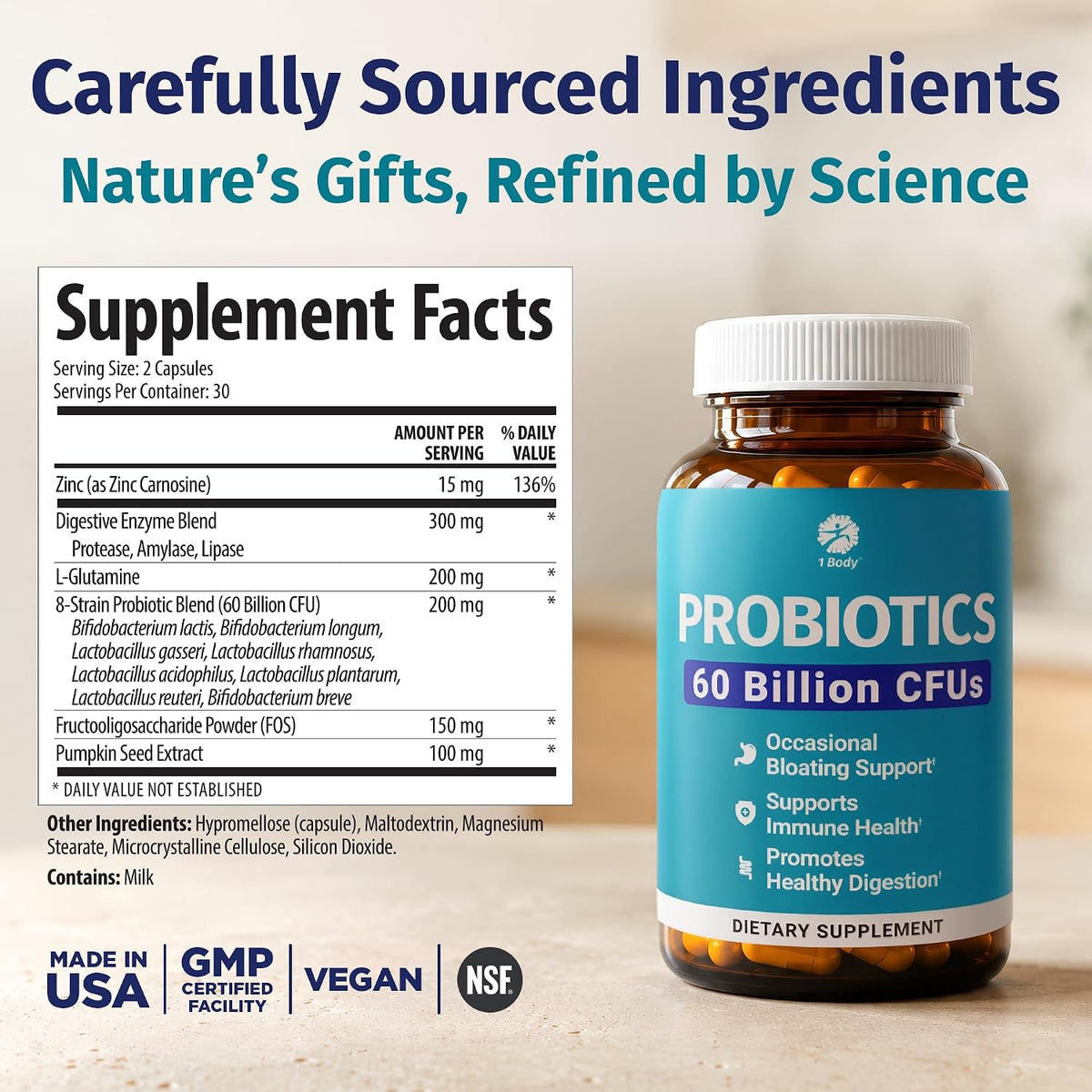 1 Body Probiotic 60 Billion with Prebiotics & Enzymes, 60 Vegan Caps