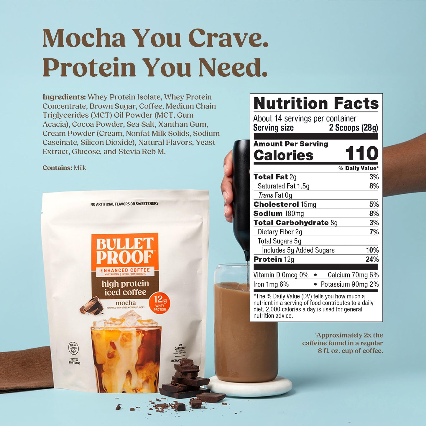 Bulletproof Iced Protein Coffee, Mocha, 12g Whey Protein + MCT Oil, 170mg Caffeine, Instant Coffee from Real Beans & Cocoa, Tested for Toxins, No Artificial Flavors & Sweeteners, 14 Servings