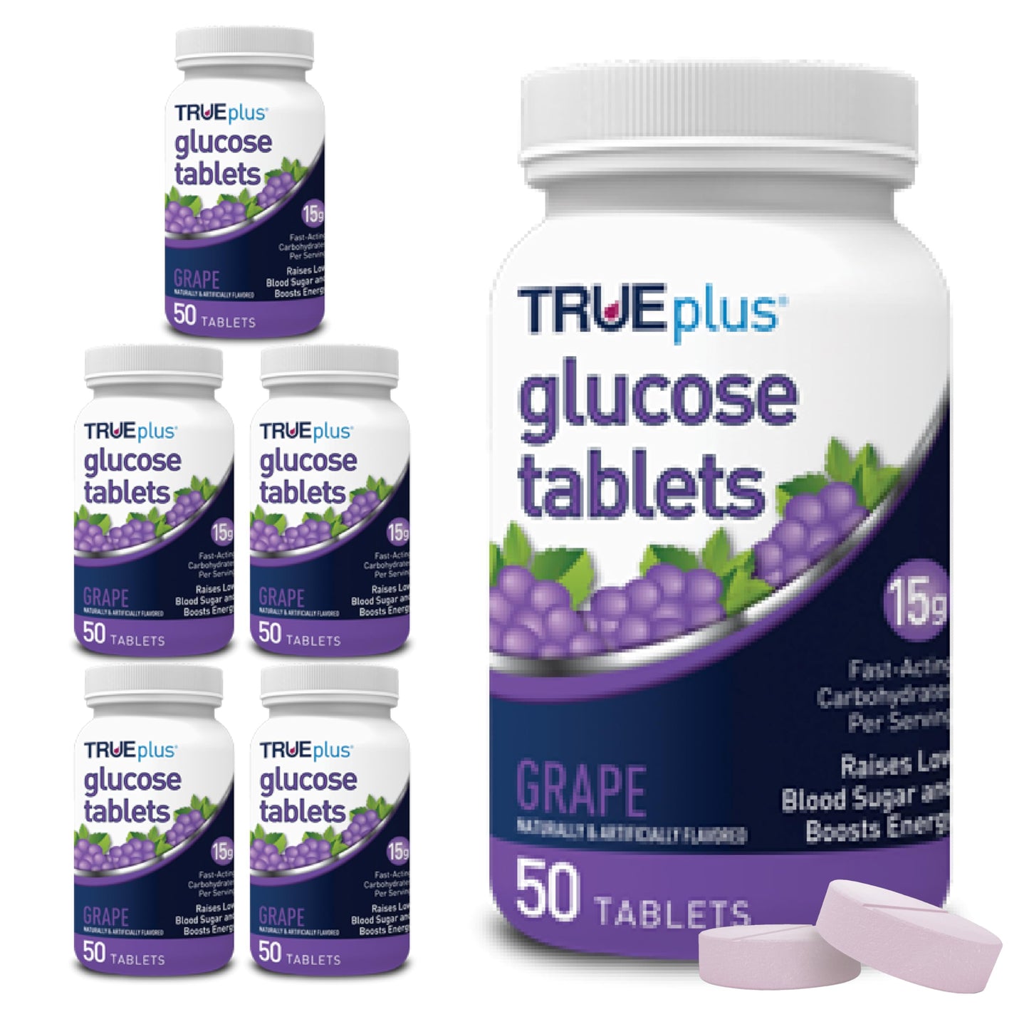 TRUEplus Glucose Tablets, Grape, Raspberry, Orange Flavors, 50 Count | Chewable Tablets, 15g Fast-Acting Carbohydrates, Fat Free, Gluten Free, Boosts Energy, Great Tasting and Easy to Use