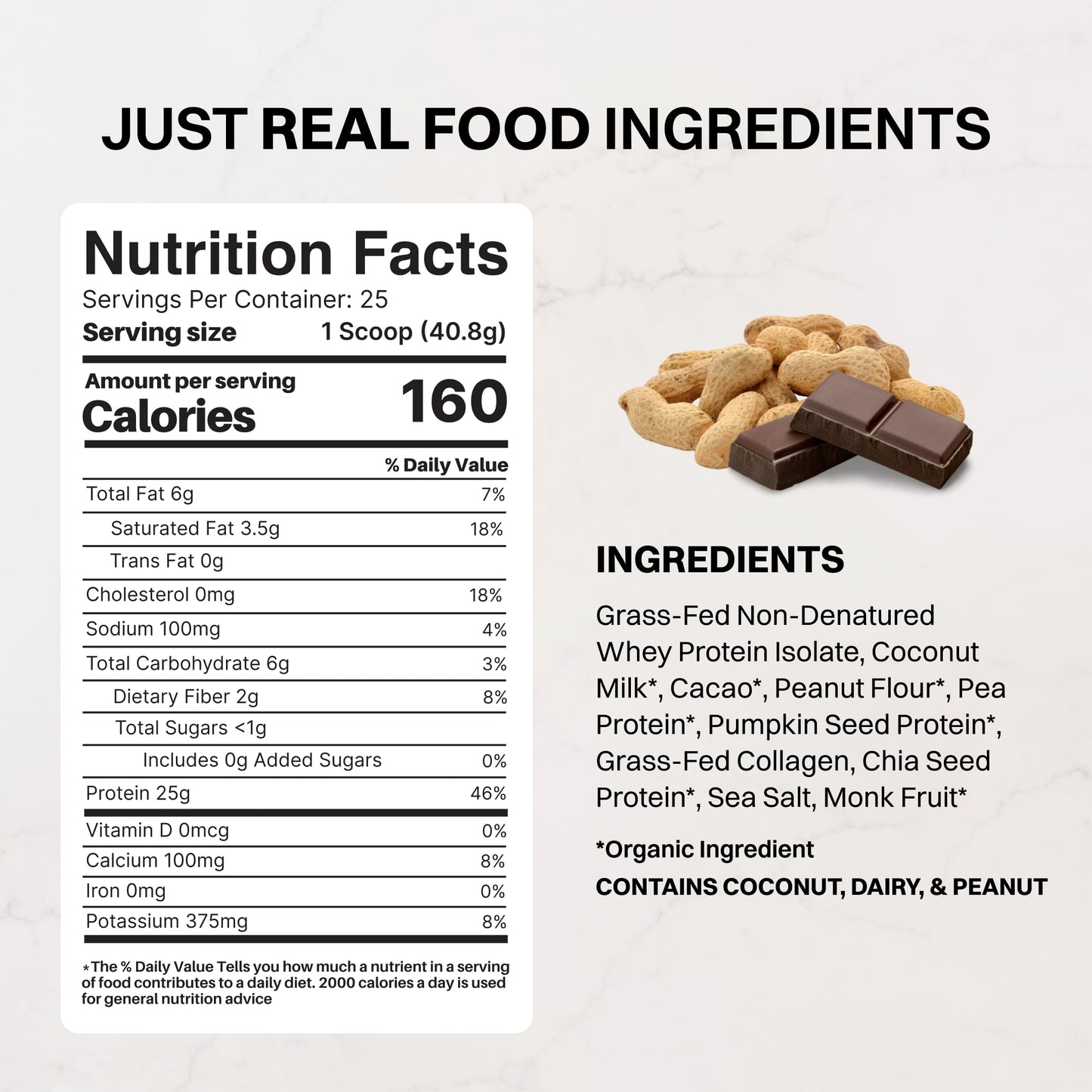 JUST INGREDIENTS Vanilla Bean Protein Powder – 20-Serving Blend with 100% Grass-Fed Whey & Organic Plant Proteins – Real Vanilla Bean & Cinnamon – Supports Muscle Recovery, Energy*