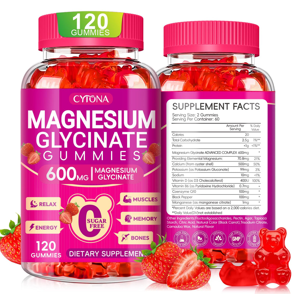 Magnesium Glycinate Gummies 600mg, Sugar Free Magnesium Gummies for Adults