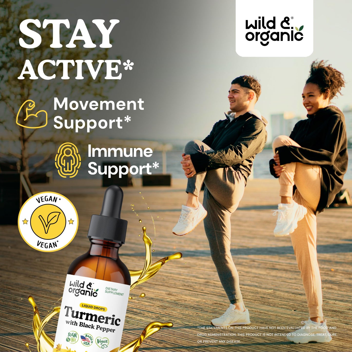 Wild & Organic Turmeric Supplement Liquid Drops - Movement & Immune Support - Liquid Turmeric with Black Pepper Extract - Add to Tea Tincture - Curcumin Supplements - Sugar & Alcohol-Free - 4 fl oz
