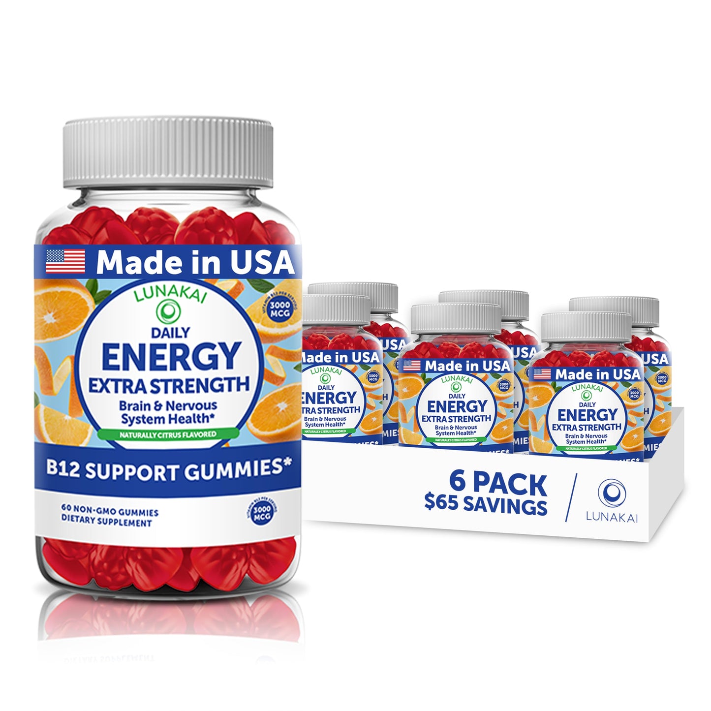 Lunakai USA Made Vegan Energy Gummies – Daily Energy Supplements, 60ct | Non-GMO 3000mcg Vitamin B12 Gummies for Women & Men – for Home or On‑the‑Go Use
