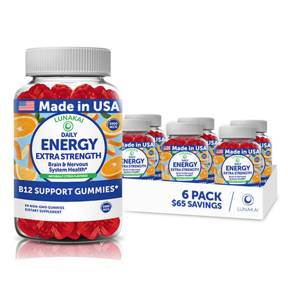 Lunakai USA Made Vegan Energy Gummies – Daily Energy Supplements, 60ct | Non-GMO 3000mcg Vitamin B12 Gummies for Women & Men – for Home or On‑the‑Go Use