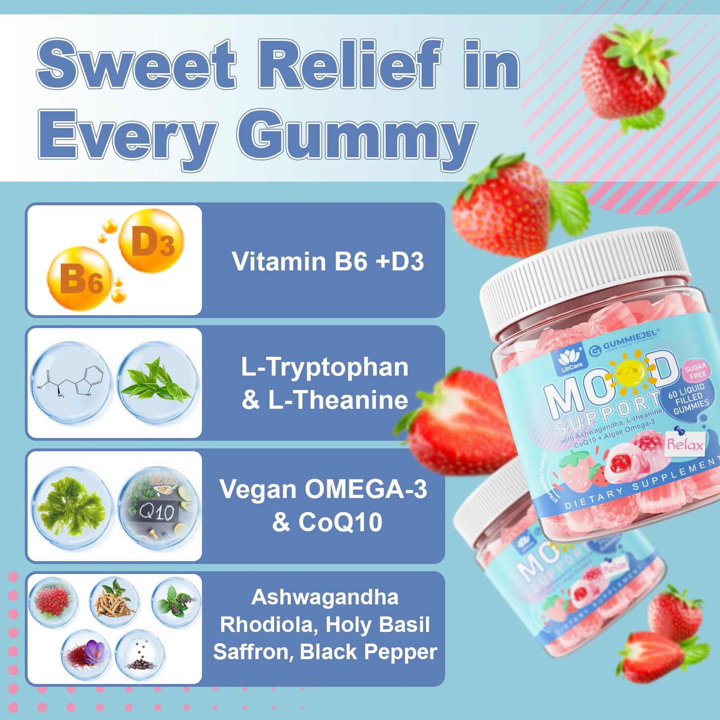Ashwagandha Saffron Calm Gummies + Omega 3, L-Theanine & CoQ10 for Women Men, Natural Calming Happy Relax Gummies for Adults, Mood Support Supplement Gummy, Strawberry Flavor, Sugar Free, Vegan, 60ct