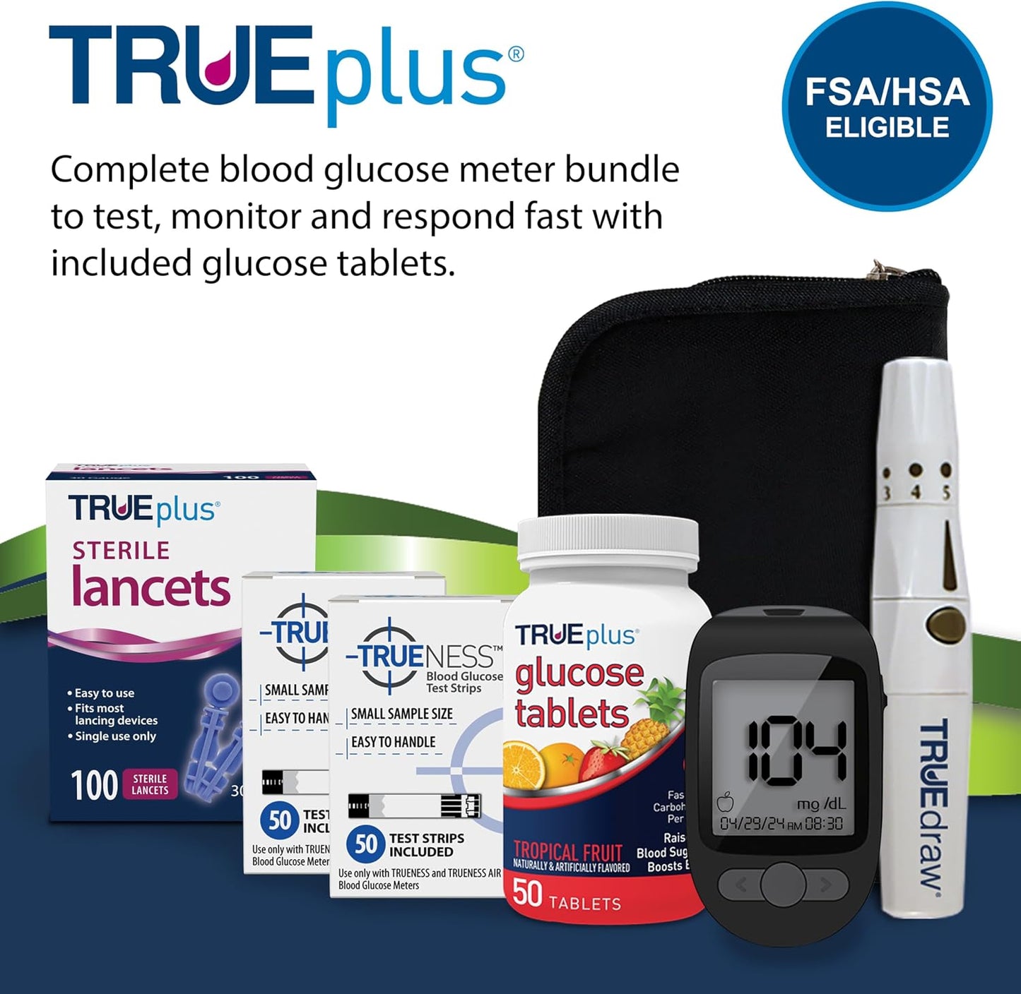 TRUEplus 50ct Tropical Glucose Tablets and TRUENESS Blood Glucose Meter Bundle - Monitor, Case, 100 Test Strips, 100 Lancets, Lancing Device