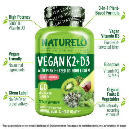 NATURELO Vitamin D3 K2 - Vegan with Plant Based D3 from Lichen - Natural Supplement for Immune System, Bone Support, Heart Health - Whole Food - Non-GMO - Gluten Free, 60 Capsules