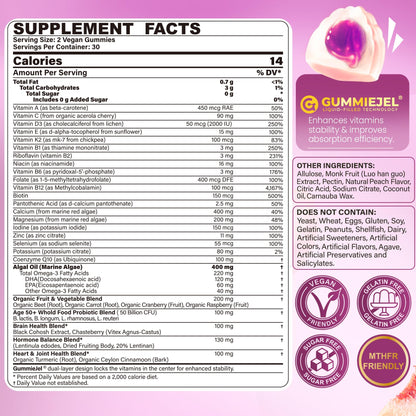 Multivitamin for Women 50 Plus Gummies, Vegan Omega 3, Methylfolate, Calcium, D3 K2, Probiotics CoQ10, Daily Vitamin A C E Methylated B12 Biotin B Complex Zinc -Bone Energy Longevity -Sugar Free 60Cts