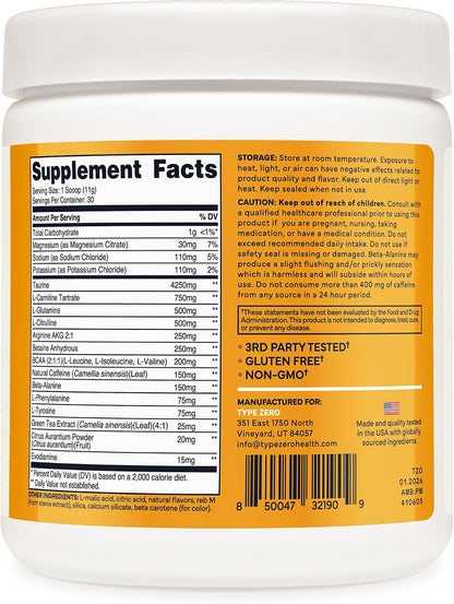 Type Zero Amino Burn (Peach Mango) 30 Servings, Clean Pre Workout