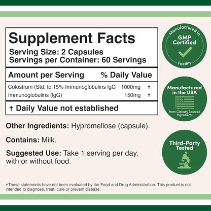 Colostrum Supplement 120 Capsules, 1,000mg per Serving (Bovine Colostrum Powder from First Milking Only, Std. to Contain 15% IgG Immunoglobulins) No Fillers, Third Party Tested by Double Wood