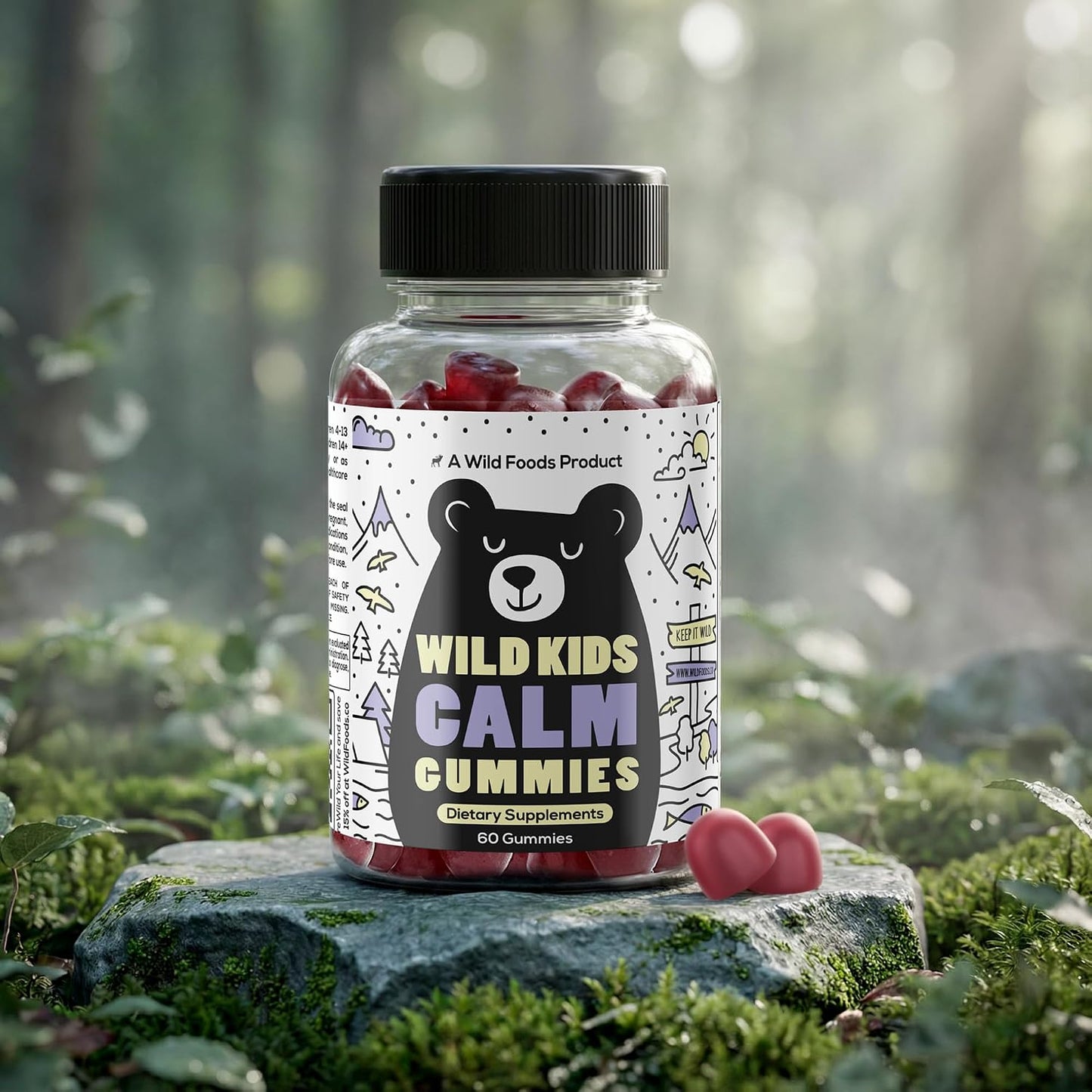 Wild Foods Kids Calm Gummies - Ashwagandha Gummies for Kids w/GABA, L-Theanine, Lemon Balm & Charmomile - Support Natural Relaxation, Stress Relief & Sleep, for Children 4+, Berry Flavor, 60 Count