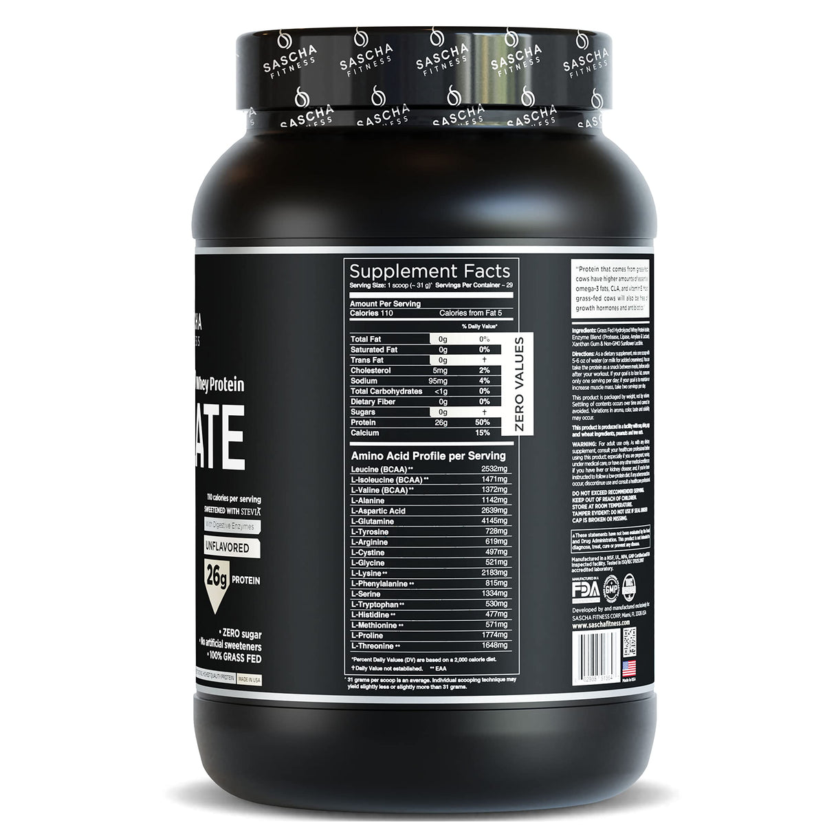 SASCHA FITNESS Hydrolyzed Whey Protein Isolate,100% Grass-Fed (2 Pounds, All)