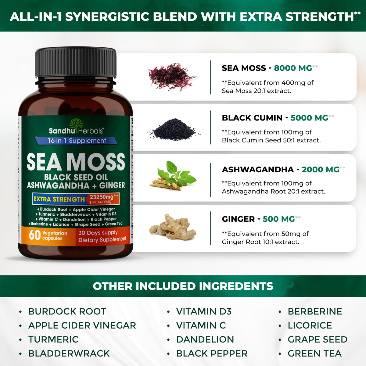 Sandhu Herbals Sea Moss 8000mg Black Seed Oil 5000mg Ashwagandha 2000mg Ginger